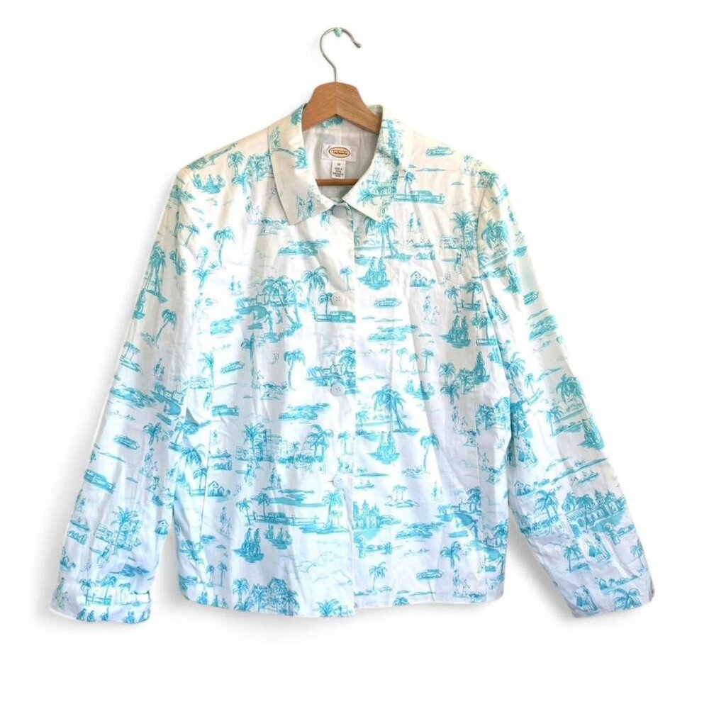 Talbots White Blue Patterned Button Up Jacket Wom… - image 1